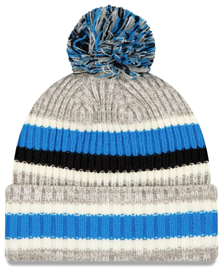 Men's New Era Blue/Gray Carolina Panthers Stripe Cuff Knit Hat with Pom