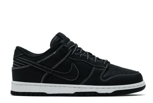 Dunk Low Off Noir Summit White Sneakers side view, featuring black leather and white accents.