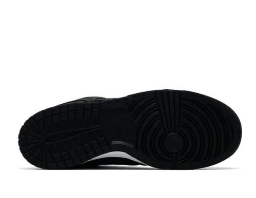 Sole view of Dunk Low Off Noir Summit White sneakers featuring a textured black outsole.