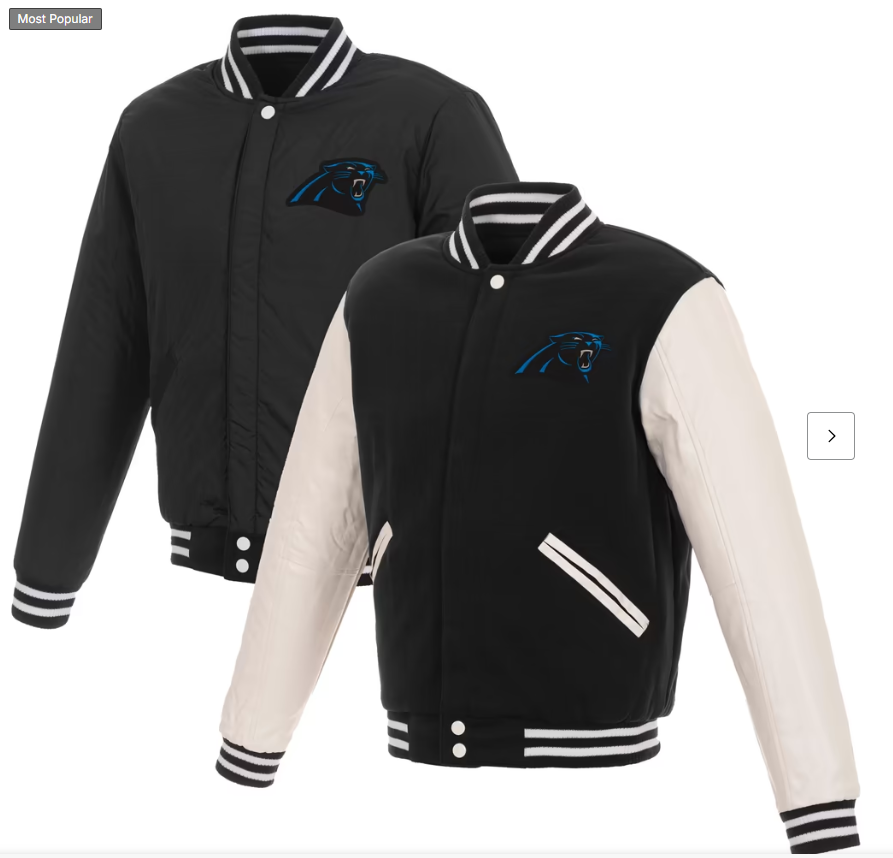 Men's JH Design Black/White Carolina Panthers 19 Mens Reversible Fleece Jacket W/ Faux Leather Sleeves