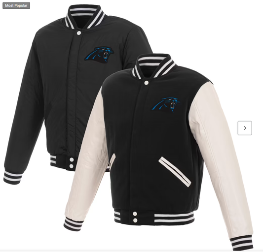 Men's JH Design Black/White Carolina Panthers 19 Mens Reversible Fleece Jacket W/ Faux Leather Sleeves