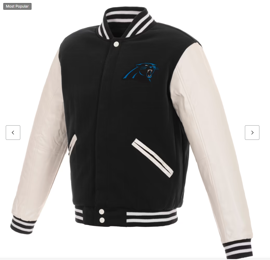 Men's JH Design Black/White Carolina Panthers 19 Mens Reversible Fleece Jacket W/ Faux Leather Sleeves