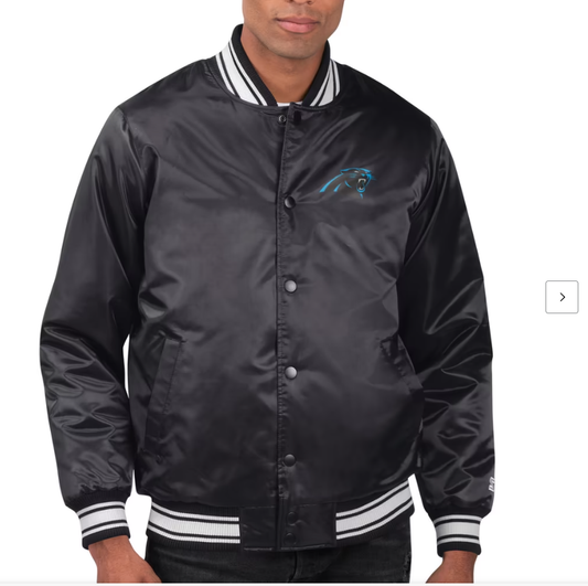 Men's Starter Black Carolina Panthers Printed Team Logo Satin Varsity Full-Snap Jacket