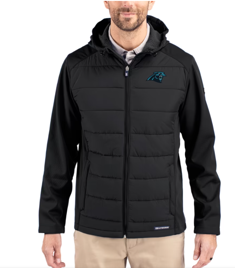 Men's Cutter & Buck Black Carolina Panthers Evoke PrimaLoft Hybrid Eco Softshell Recycled Full-Zip Hooded Jacket