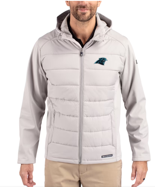 Men's Cutter & Buck Gray Carolina Panthers Evoke PrimaLoft Hybrid Eco Softshell Recycled Full-Zip Hooded Jacket