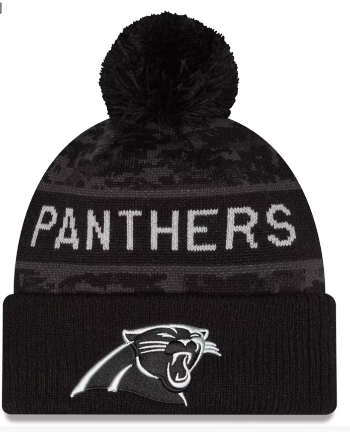 Men's New Era Black Carolina Panthers 2026 Salute To Service Cuffed Knit Hat with Pom