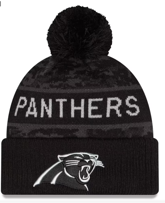 Men's New Era Black Carolina Panthers 2026 Salute To Service Cuffed Knit Hat with Pom