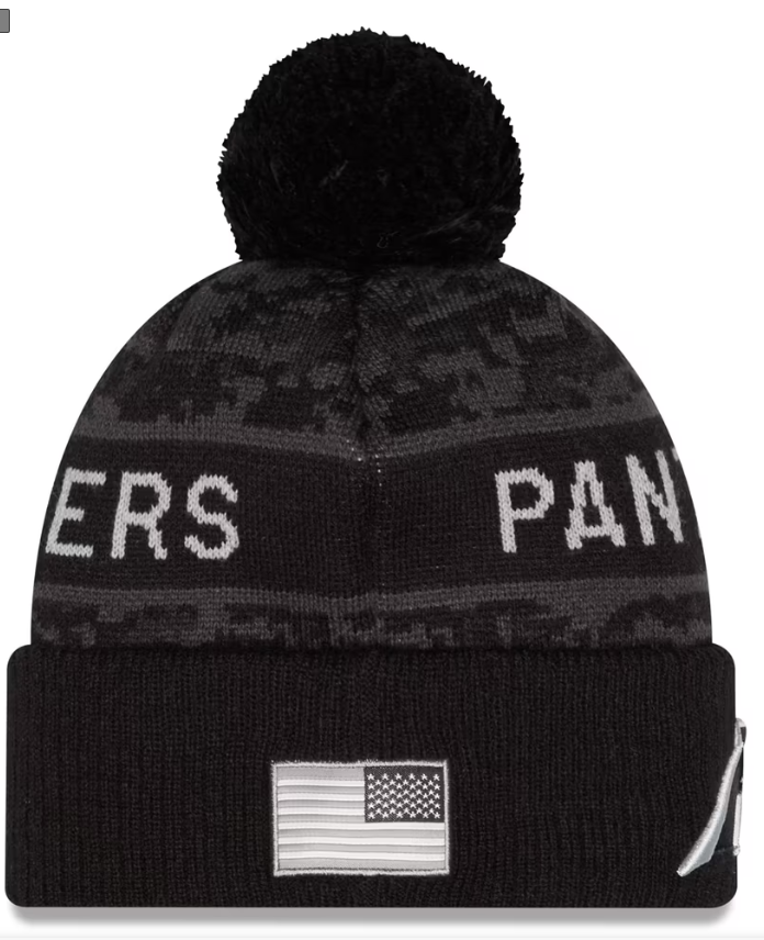 Men's New Era Black Carolina Panthers 2026 Salute To Service Cuffed Knit Hat with Pom