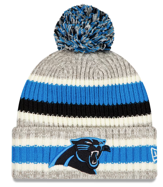 Men's New Era Blue/Gray Carolina Panthers Stripe Cuff Knit Hat with Pom