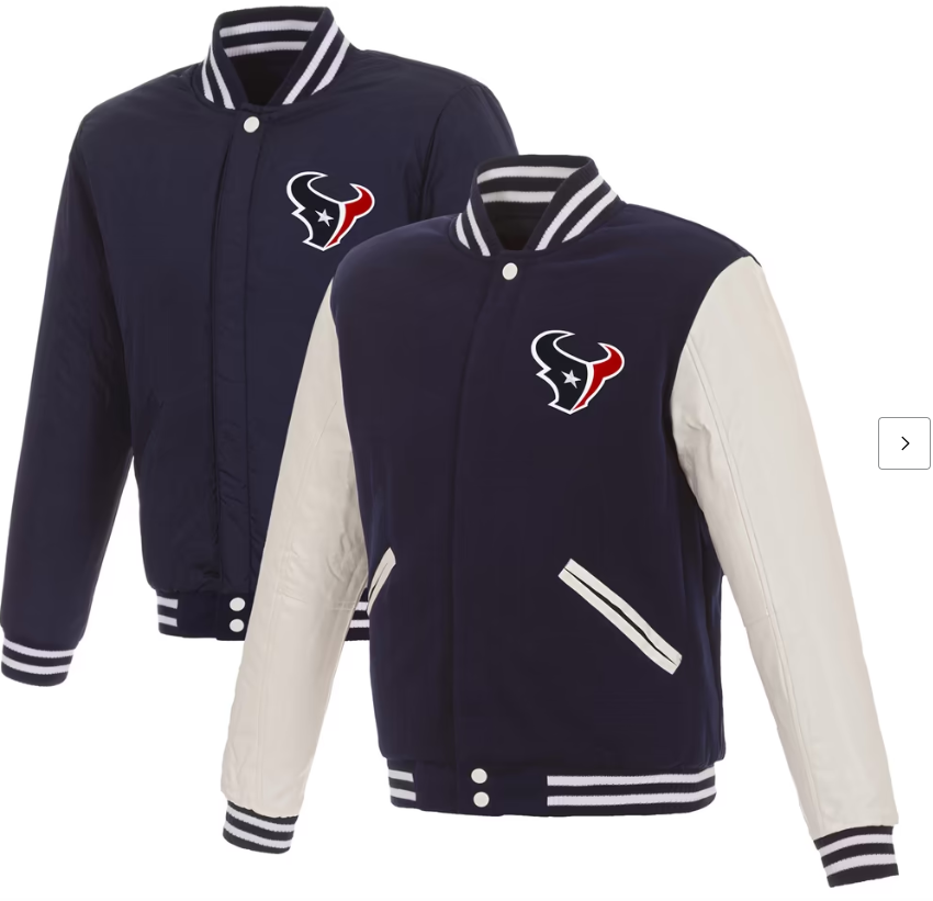 Men's JH Design Navy/White Houston Texans 19 Mens Reversible Fleece Jacket W/ Faux Leather Sleeves
